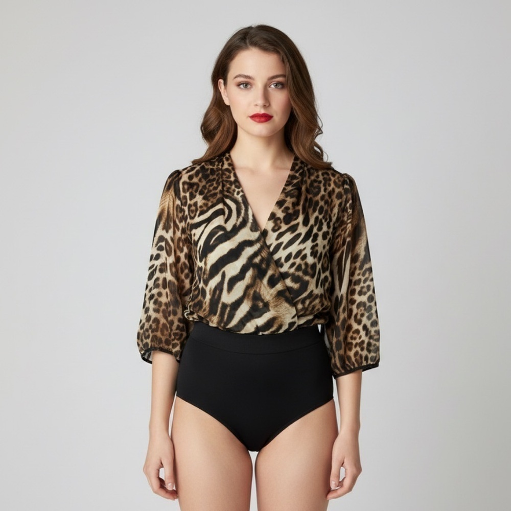 Cheryl Creations Leopard Color Block Sheer Long Sleeve Stretch Bodysuit Small